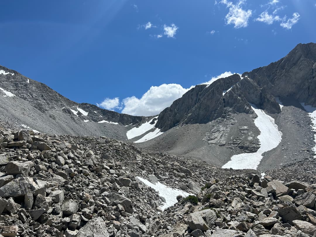 Looking up at the pass. You ascend the snowy section on the right.